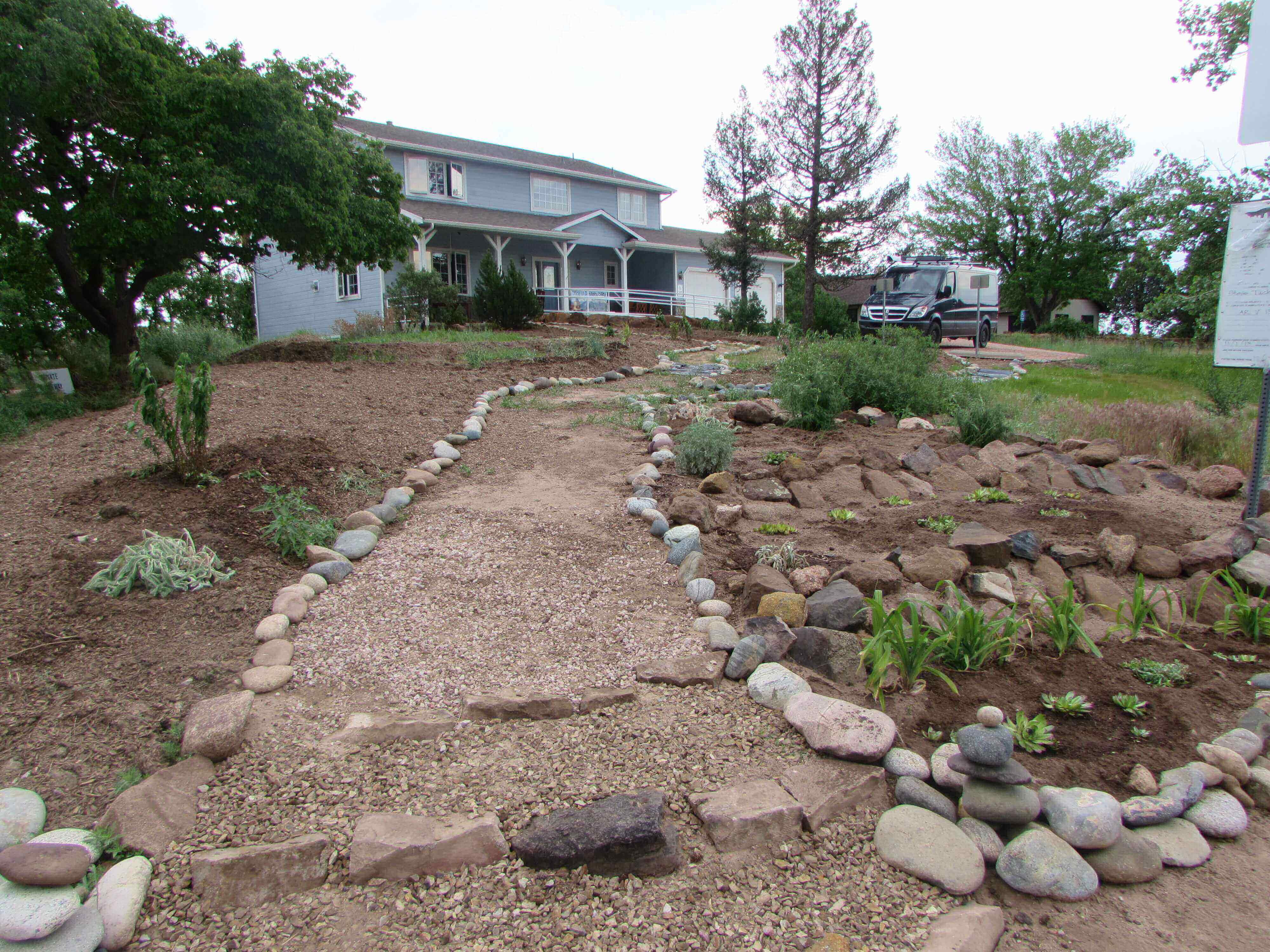 blue residential house with few plants and rock outline for path and steps