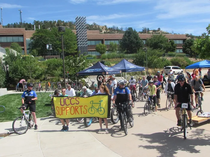 Bikes on campus with sign