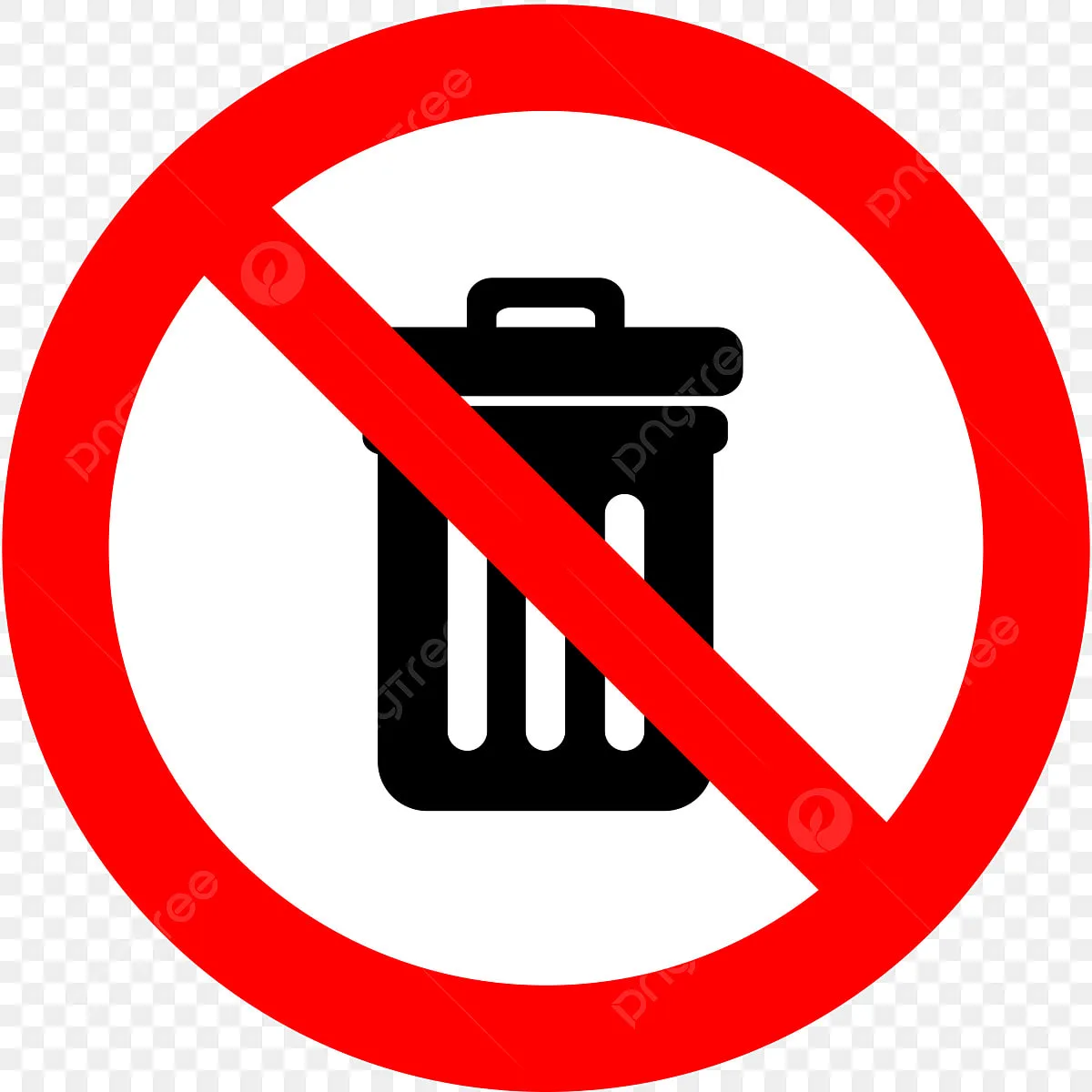 Bold red and black ‘no trash’ symbol showing a crossed-out waste bin